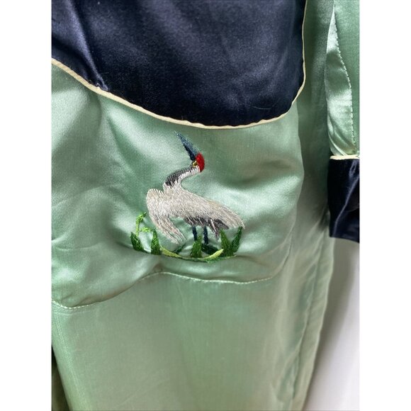 Vintage 100% Silk Kimono Robe Light Green Black XXL Embroidered Bird Floral Leaf - Picture 7 of 16